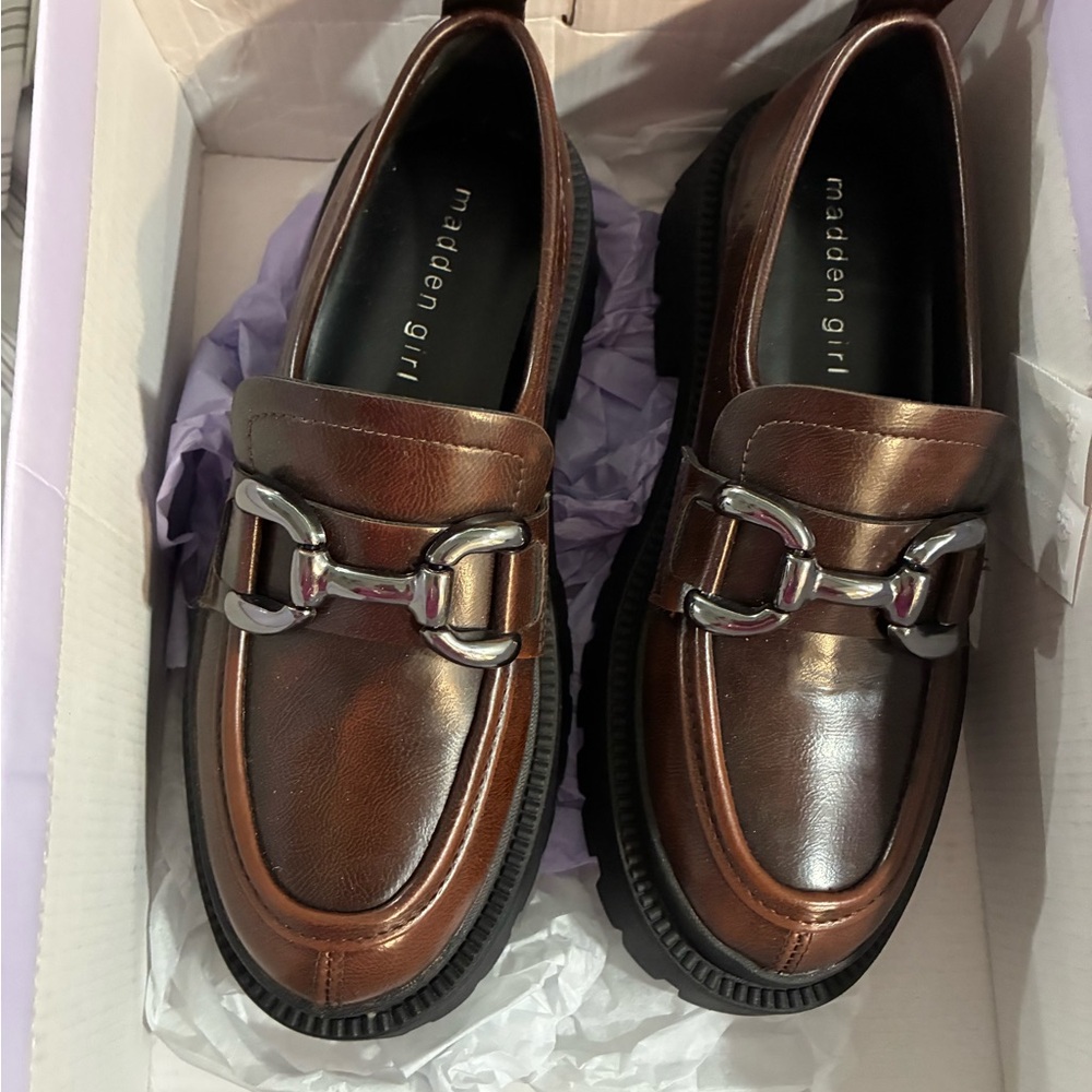 Madden Girl Brown Leather Horsebit Slip-On Loafers